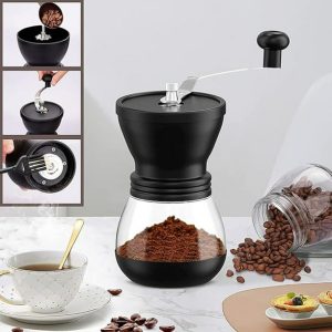 Molinillo manual de café con recipiente de vidrio y muelas de cerámica